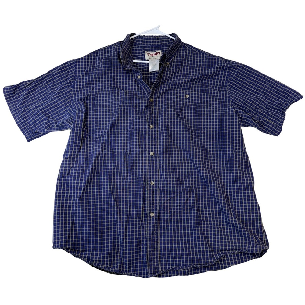 Wrangler‎ Rugged Wear Mens XXL Navy Blue Plaid Short Sleeve Button, Shirt Cotton
